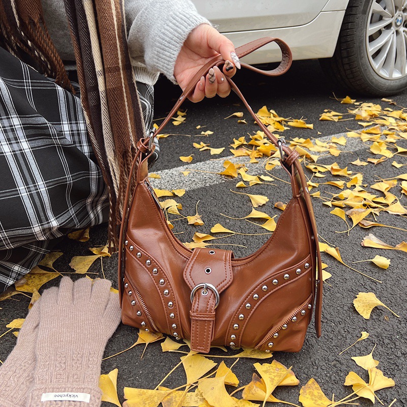 V888-ELOSUNG12847-213531-02 Brown Vintage Studded PU Leather Shoulder Bag with Adjustable Strap - Image 3