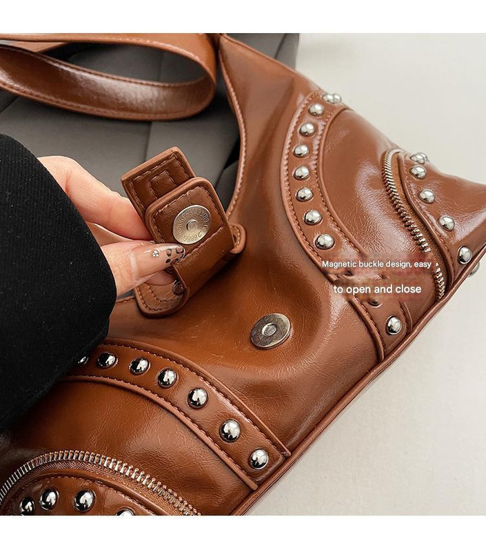 V888-ELOSUNG12847-213531-04 Brown Vintage Studded PU Leather Shoulder Bag with Adjustable Strap - Image 5