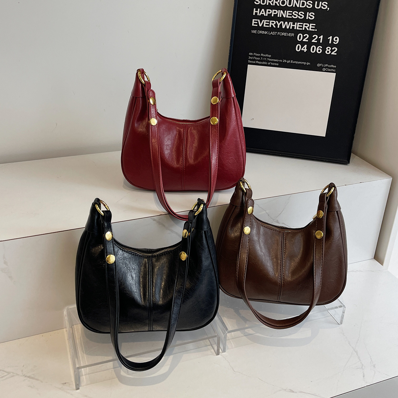V888-ELOSUNG12966-213875-02 Brown Vintage Faux Leather Hobo Shoulder Bag - Classic and Versatile Handbag - Image 3