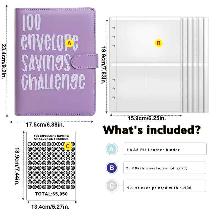 V888-ELOSUNG12979-214001-01 Purple 100-Day Savings Challenge Cash Binder with Tracker and Refillable Notebook - Image 2