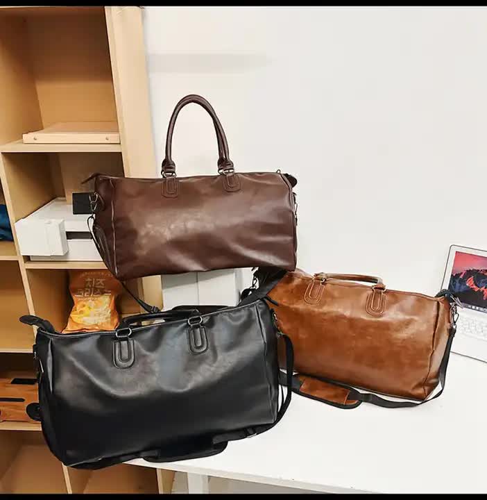 V888-ELOSUNG13126-210353-01 Brown Solid Color Unisex Large Capacity Fitness Bag - Leather Sports Bag, Crossbody Travel Bag, Gym and Luggage Handbag - Image 2