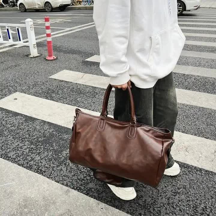 V888-ELOSUNG13126-210353-04 Brown Solid Color Unisex Large Capacity Fitness Bag - Leather Sports Bag, Crossbody Travel Bag, Gym and Luggage Handbag - Image 5