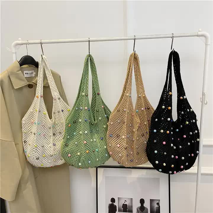 V888-ELOSUNG13296-211102-04 Brown Summer Woven Handbag - Hollow Straw Beach Tote with Colorful Beads, Lazy Style, Large Capacity Shoulder Bag for Vacation - Image 5