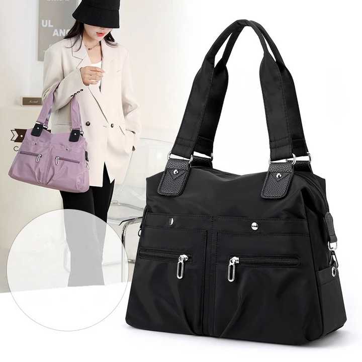 V888-ELOSUNG13508-211750-01 Brown Stylish Nylon Large Capacity Tote Bag for Work and Commute | Multi-Pocket Shoulder Bag | Fashionable Canvas Bag - Image 2