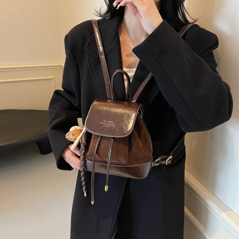 V888-ELOSUNG13792-212793-02 Brown Vintage Suede Women's Mini Backpack - New Fashionable Travel Book Bag with Decorative Charm - Image 3