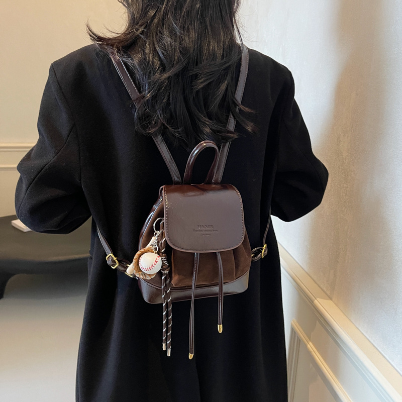 V888-ELOSUNG13792-212793-03 Brown Vintage Suede Women's Mini Backpack - New Fashionable Travel Book Bag with Decorative Charm - Image 4