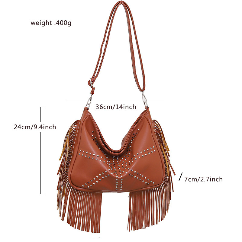 V888-ELOSUNG13834-212853-01 Brown Trendy Rivet Fringe Shoulder Bag - Large Capacity Soft Leather Handbag for Women, Perfect for Travel and Leisure - Image 2