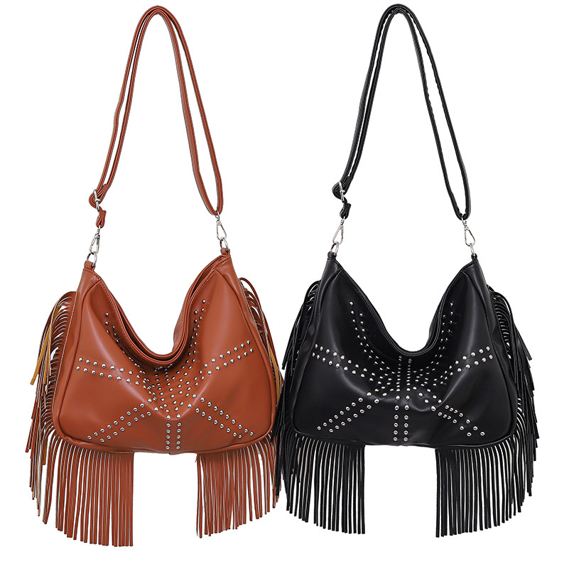 V888-ELOSUNG13834-212853-02 Brown Trendy Rivet Fringe Shoulder Bag - Large Capacity Soft Leather Handbag for Women, Perfect for Travel and Leisure - Image 3