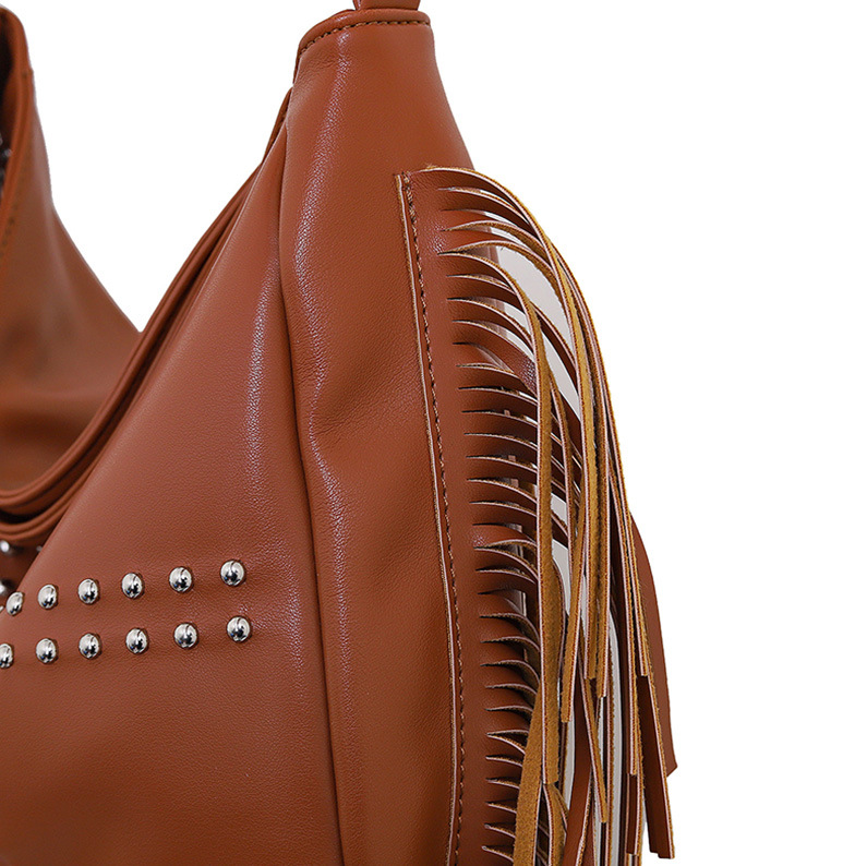 V888-ELOSUNG13834-212853-04 Brown Trendy Rivet Fringe Shoulder Bag - Large Capacity Soft Leather Handbag for Women, Perfect for Travel and Leisure - Image 5