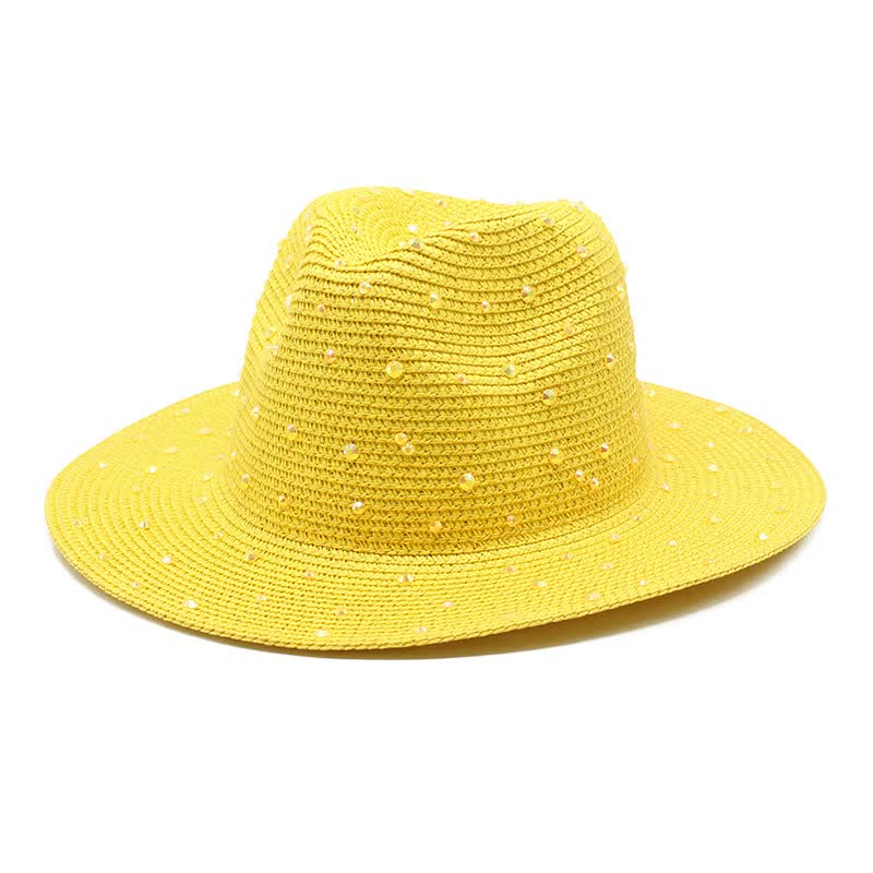 V888-ELOSUNG15766-215594-00 Yellow Women's Wide-Brim Straw Hat with Rhinestones - Elegant and Breathable Sun Hat for Summer Outdoors,M(56-58cm) - Image 1