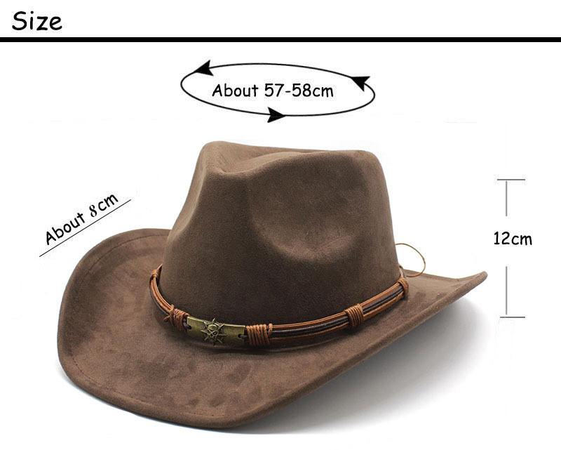 V888-ELOSUNG15777-215750-01 Brown Unisex Faux Suede Western Cowboy Hat - Wide Brim Vintage Fedora for Outdoor Travel,M(57-58cm) - Image 2