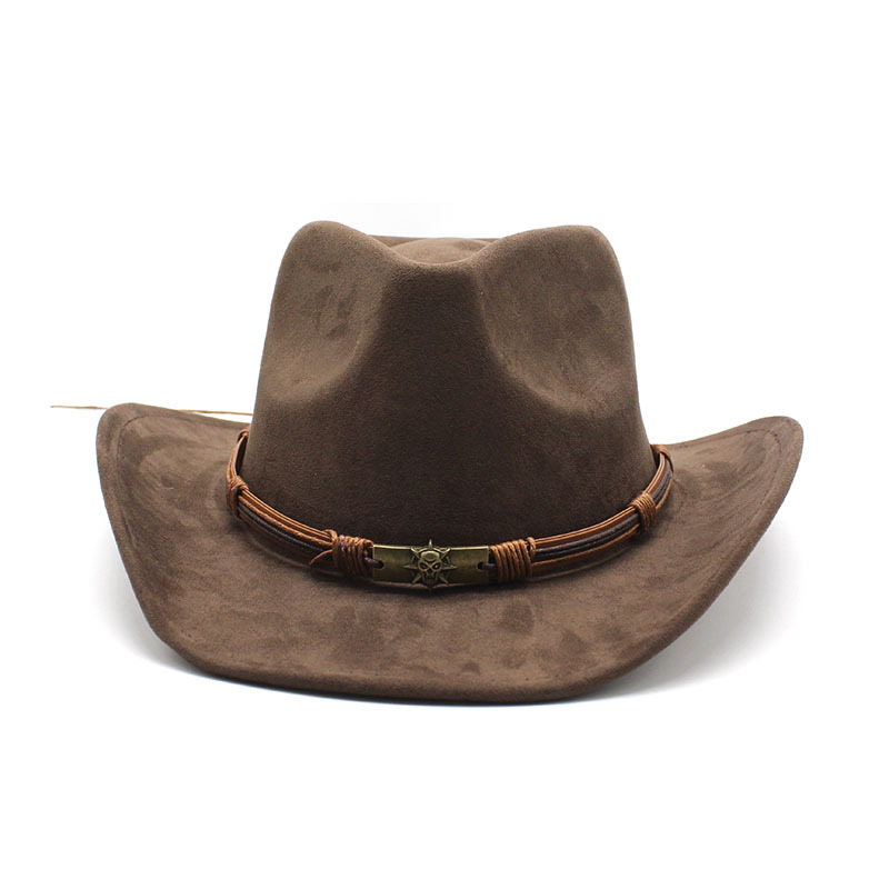 V888-ELOSUNG15777-215750-02 Brown Unisex Faux Suede Western Cowboy Hat - Wide Brim Vintage Fedora for Outdoor Travel,M(57-58cm) - Image 3