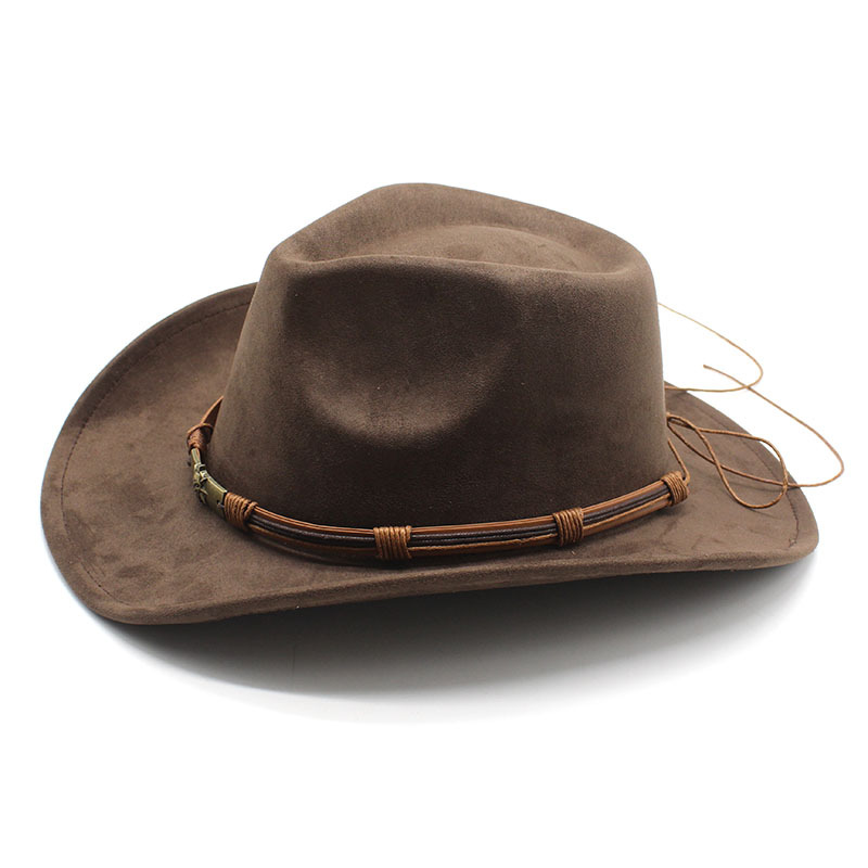 V888-ELOSUNG15777-215750-03 Brown Unisex Faux Suede Western Cowboy Hat - Wide Brim Vintage Fedora for Outdoor Travel,M(57-58cm) - Image 4