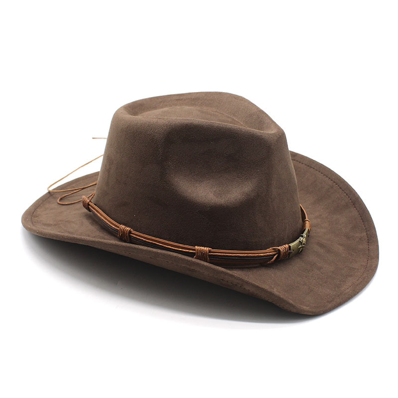 V888-ELOSUNG15777-215750-04 Brown Unisex Faux Suede Western Cowboy Hat - Wide Brim Vintage Fedora for Outdoor Travel,M(57-58cm) - Image 5