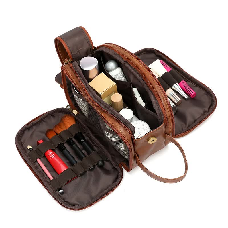 V888-ELOSUNG16074-214357-01 Brown Vintage Leather Makeup Bag with Multi-Compartment Organizer - Travel Cosmetic Case - Image 2