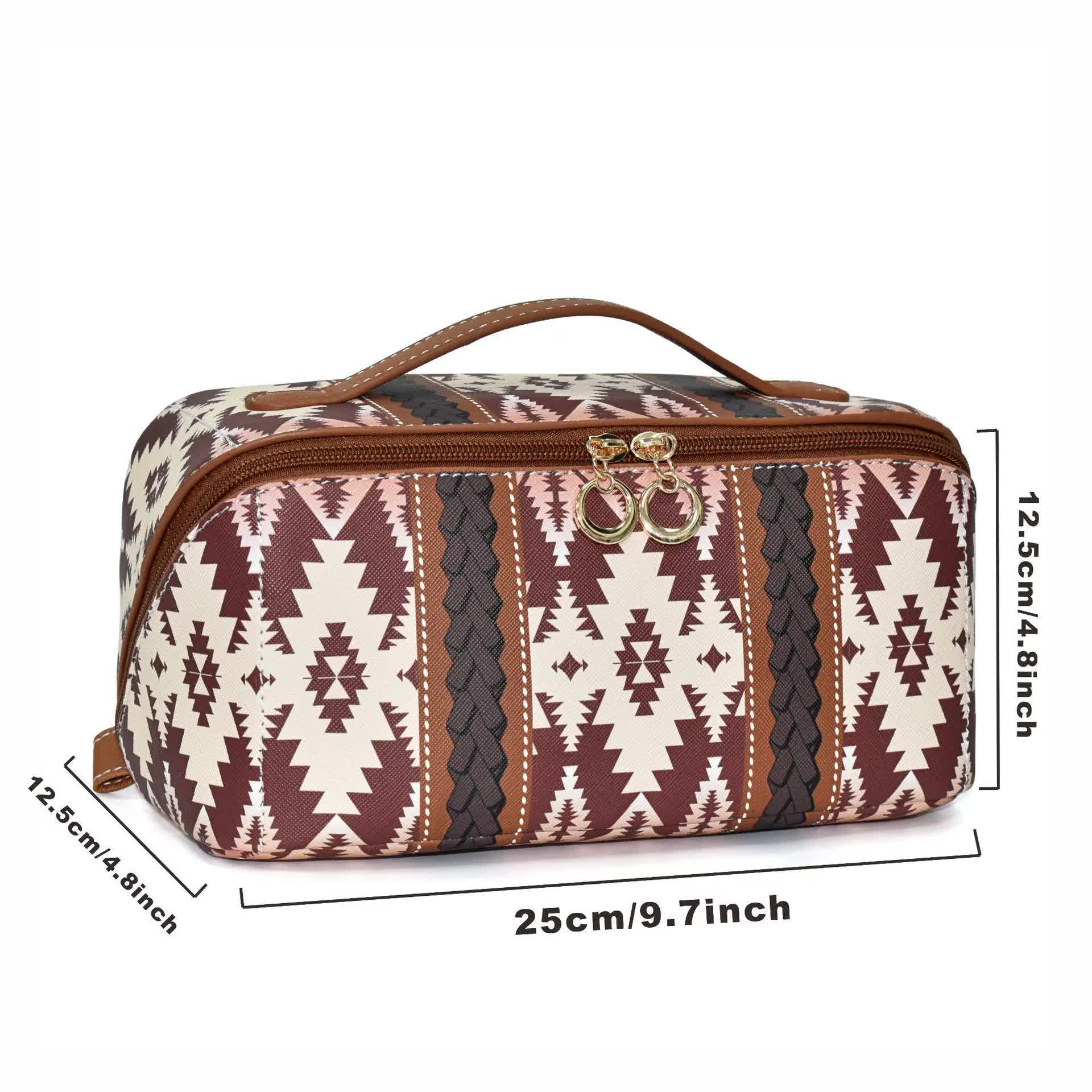 V888-ELOSUNG16265-215526-01 Coffee Brown Boho Travel Cosmetic Bag - Large Waterproof Makeup Organizer with Handle - Image 2
