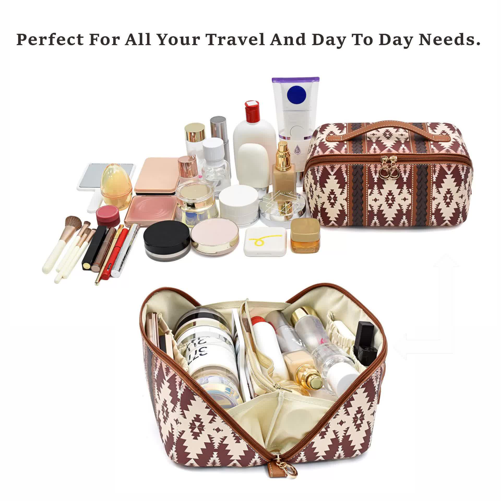 V888-ELOSUNG16265-215526-02 Coffee Brown Boho Travel Cosmetic Bag - Large Waterproof Makeup Organizer with Handle - Image 3