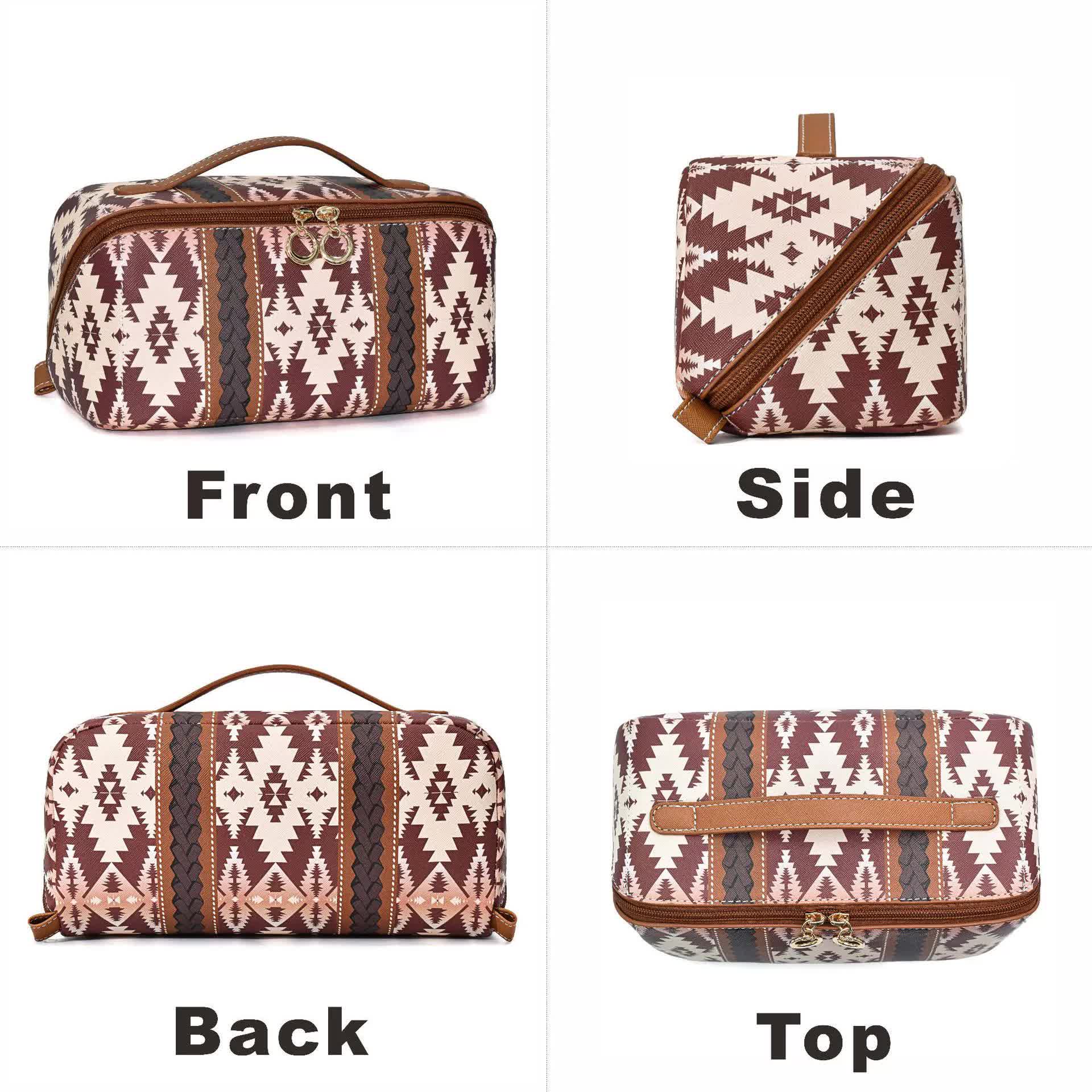 V888-ELOSUNG16265-215526-03 Coffee Brown Boho Travel Cosmetic Bag - Large Waterproof Makeup Organizer with Handle - Image 4