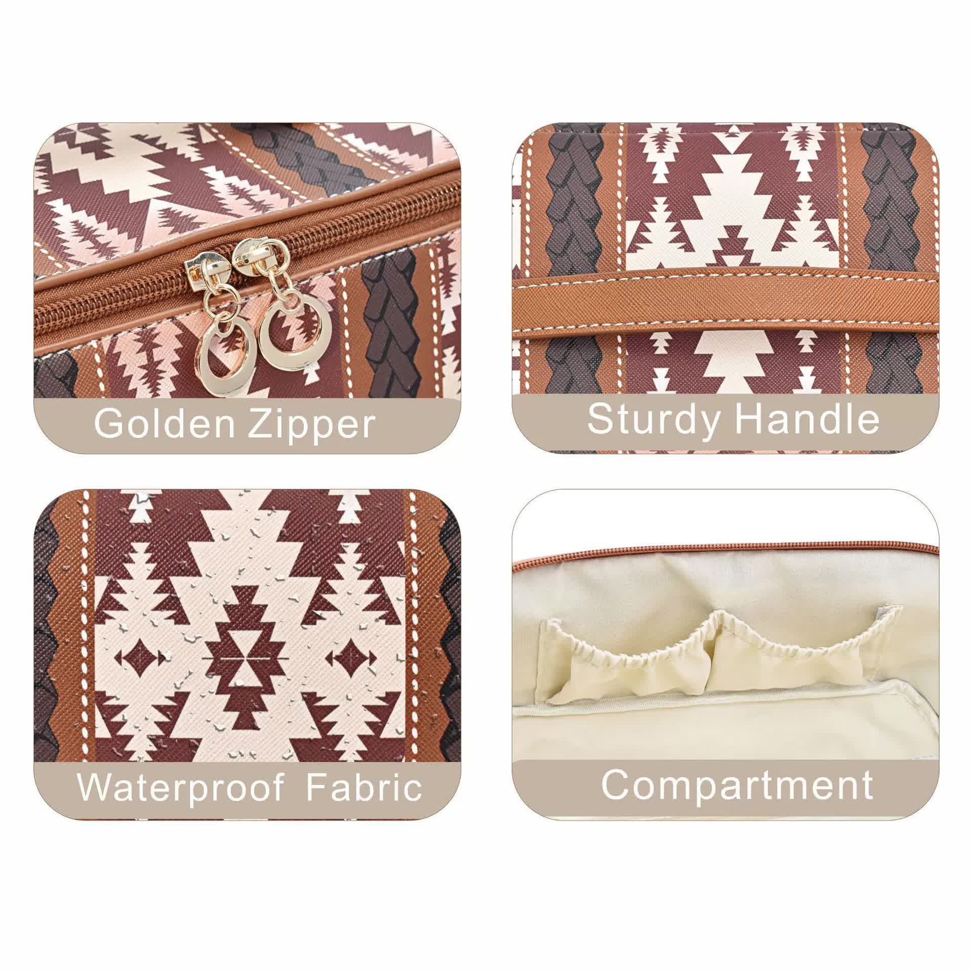 V888-ELOSUNG16265-215526-04 Coffee Brown Boho Travel Cosmetic Bag - Large Waterproof Makeup Organizer with Handle - Image 5