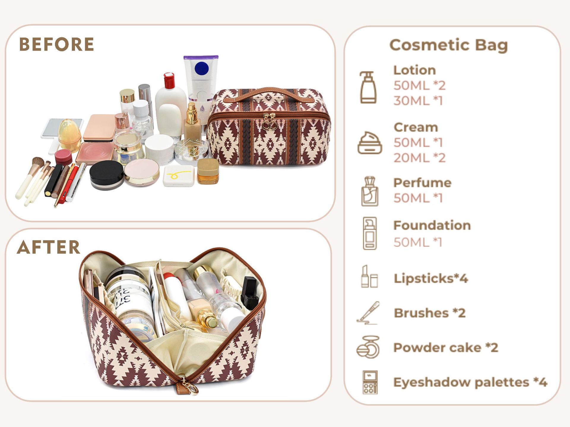 V888-ELOSUNG16265-215526-06 Coffee Brown Boho Travel Cosmetic Bag - Large Waterproof Makeup Organizer with Handle - Image 7