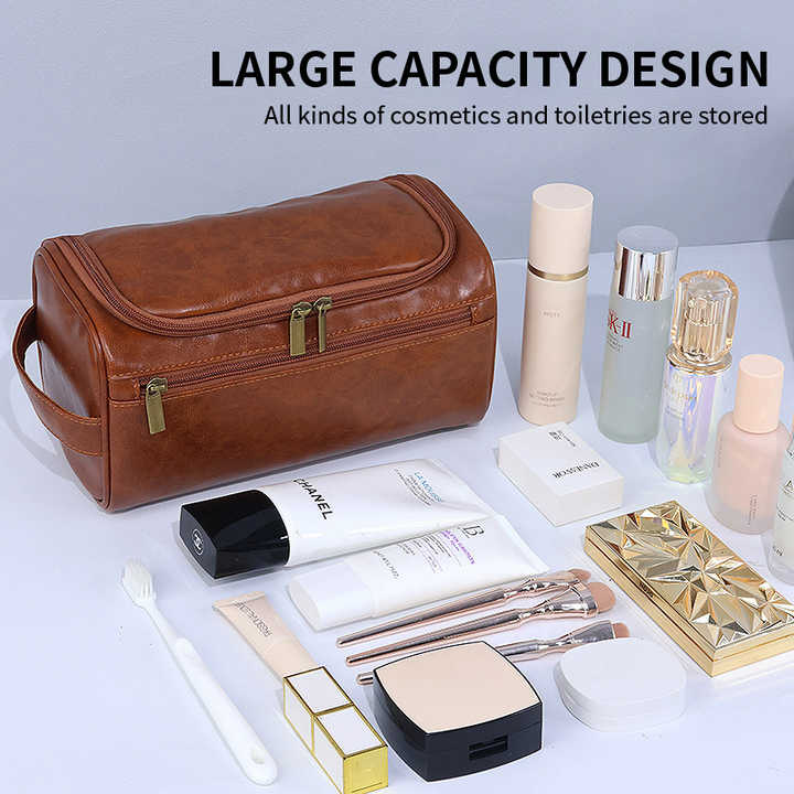 V888-ELOSUNG16433-216051-02 Brown Premium PU Leather Travel Toiletry Bag with Zipper Compartments - Image 3