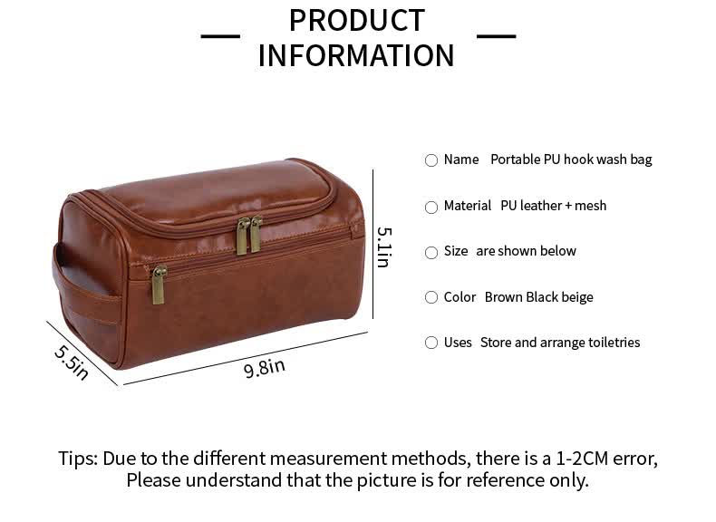 V888-ELOSUNG16433-216051-03 Brown Premium PU Leather Travel Toiletry Bag with Zipper Compartments - Image 4