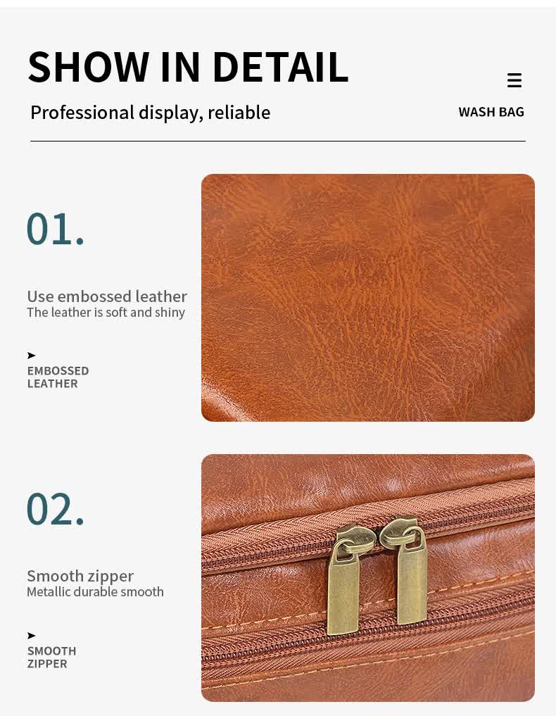 V888-ELOSUNG16433-216051-04 Brown Premium PU Leather Travel Toiletry Bag with Zipper Compartments - Image 5
