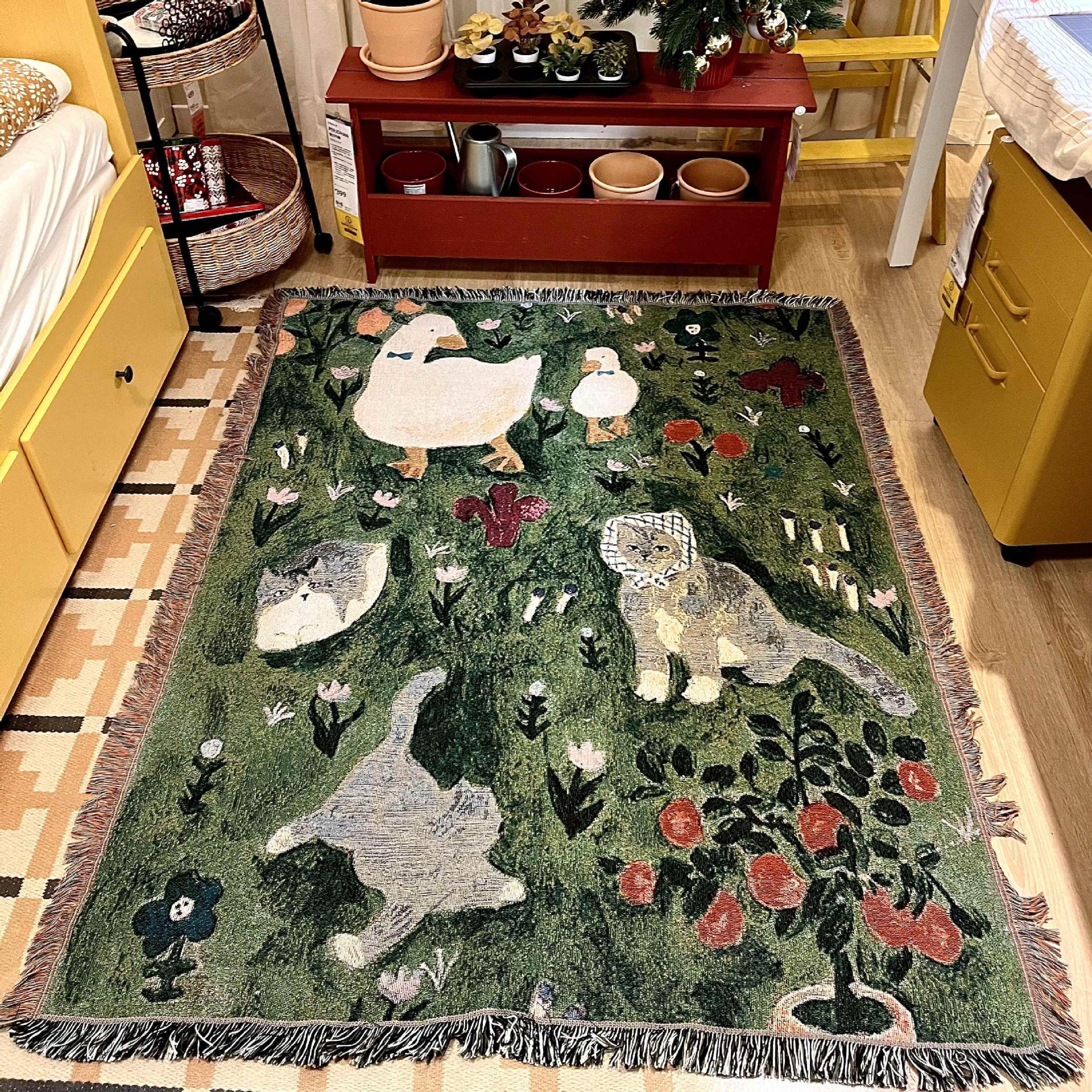 V888-ELOSUNG16720-222376-01 Green Floral Cat Patterned Throw Blanket – Soft and Cozy, 130x160cm with Tassels - Image 2