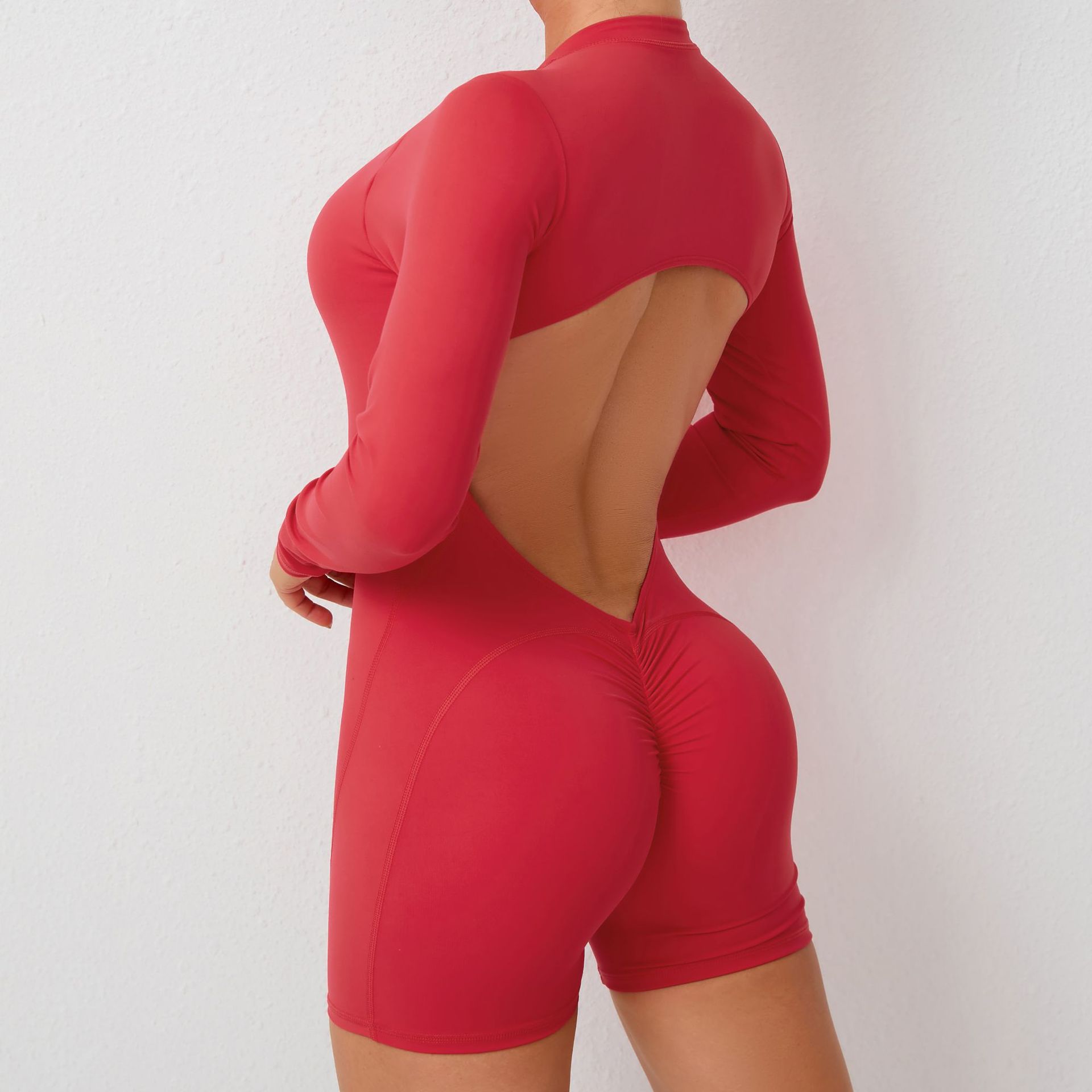 V888-ELOSUNG16879-224787-00 S Red Backless Scrunch Butt Workout Jumpsuit - Long-Sleeve Open-Back Yoga Romper - Image 1