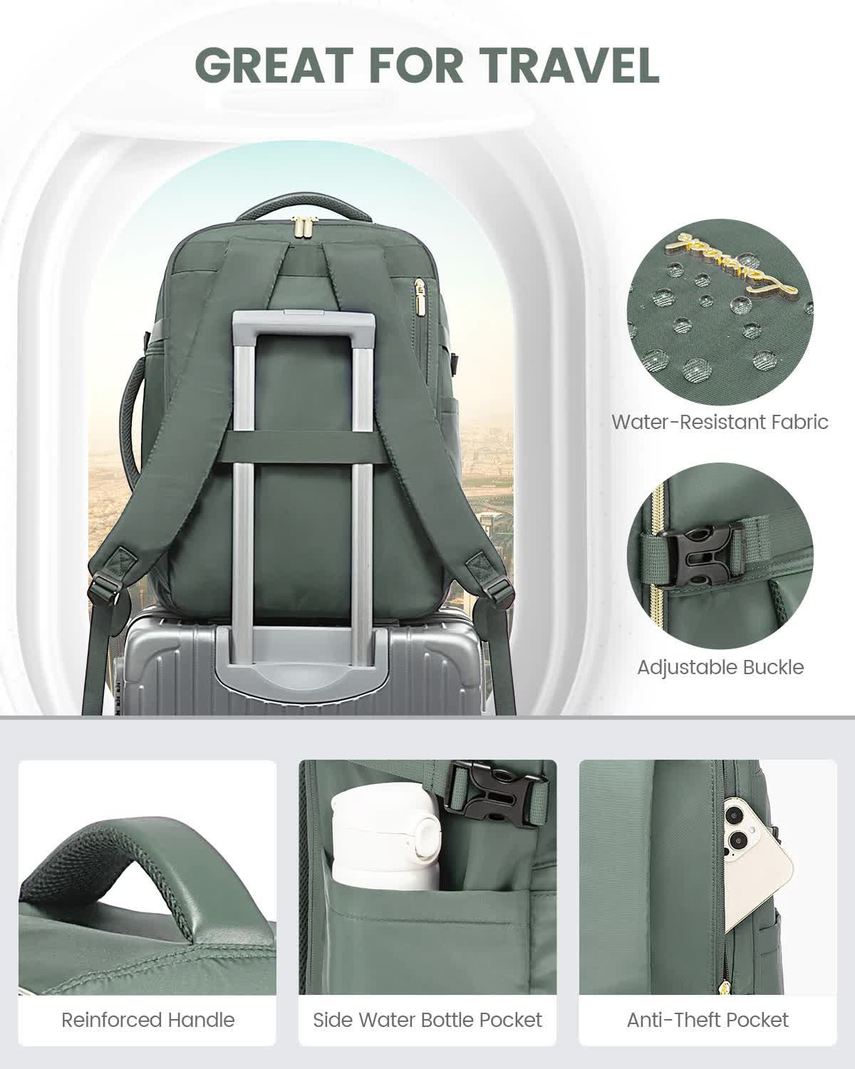 V888-ELOSUNG17056-214226-05 Bean Green 40L Large Capacity Travel Business Backpack with Expandable Compartments, Including 2 Toiletry Bags and Shoe Bag - Durable Oxford Fabric - Image 6