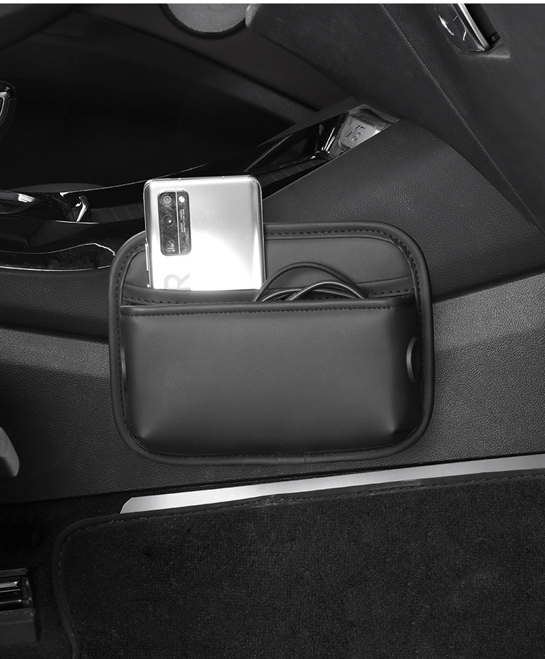 V888-ELOSUNG17193-215370-01 Brown PU Leather Car Storage Organizer with Dual Charging Holes and Inner Mesh Pocket, Multi-functional Door Handle Hanging Bag for Phones and Accessories, Lightweight and Durable - Image 2