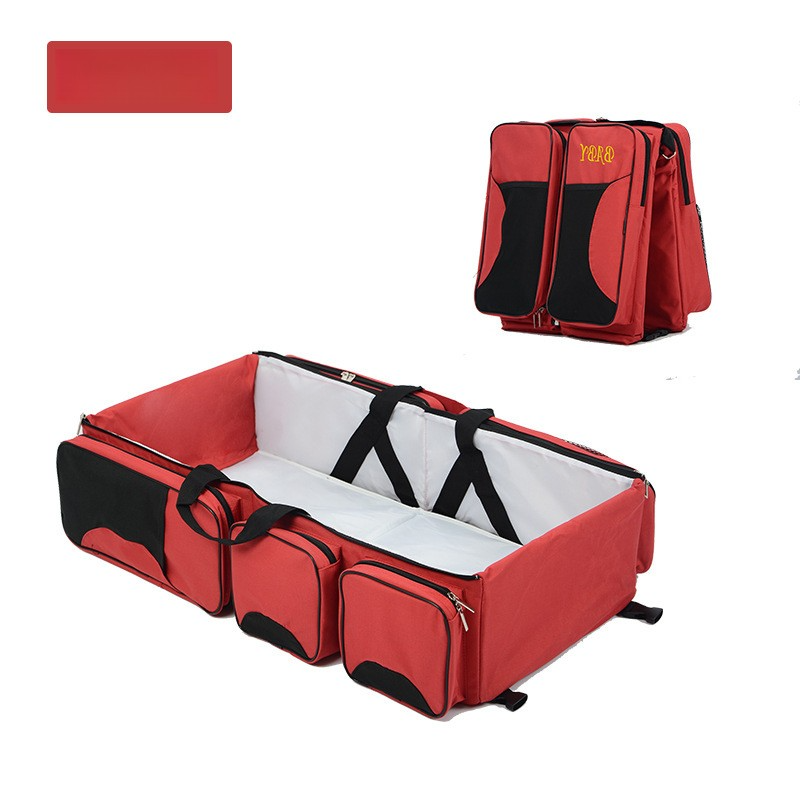 V888-ELOSUNG17278-215254-00 Red Multifunctional Foldable Baby Crib Mommy Bag | Large Capacity Diaper Bag | Portable Shoulder and Handheld Baby Essentials Bag - Image 1