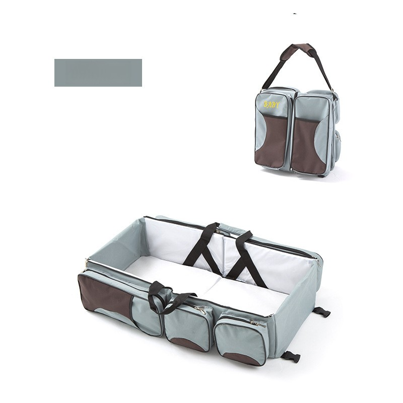 V888-ELOSUNG17280-215267-00 Grey-Brown Patchwork Multifunctional Foldable Baby Crib Mommy Bag | Large Capacity Diaper Bag | Portable Shoulder and Handheld Baby Essentials Bag - Image 1