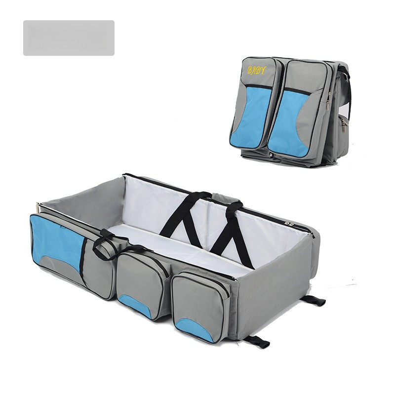 V888-ELOSUNG17281-215268-00 Grey-Blue Patchwork Multifunctional Foldable Baby Crib Mommy Bag | Large Capacity Diaper Bag | Portable Shoulder and Handheld Baby Essentials Bag - Image 1