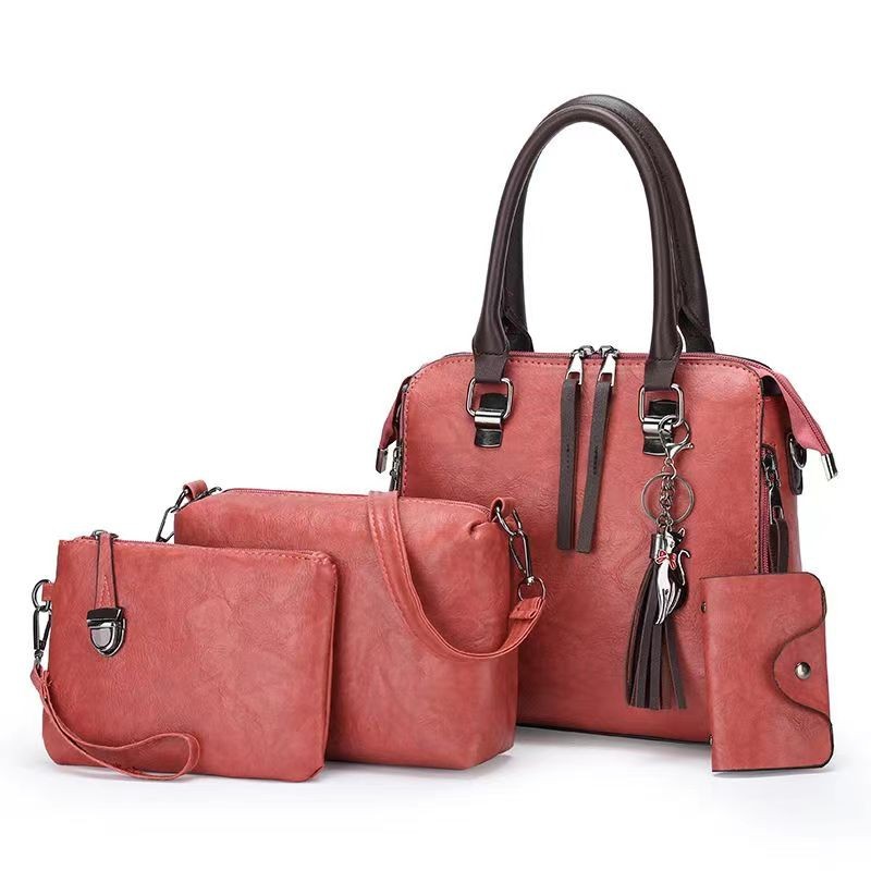 V888-ELOSUNG17357-215699-00 Pink 4-Piece Women's PU Leather Tote Bag Set - Vintage Handbag, Shoulder Bag, Clutch, and Card Holder - Lightweight Design - Image 1