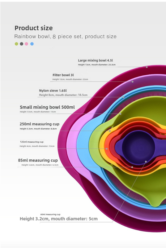 V888-ELOSUNG17498-216681-02 Blue 8-Piece Baking Tool Set – Measuring Cups, Spoons, Rainbow Mixing Bowls, Vegetable Washing Basket, and Flour Sifter - Image 3