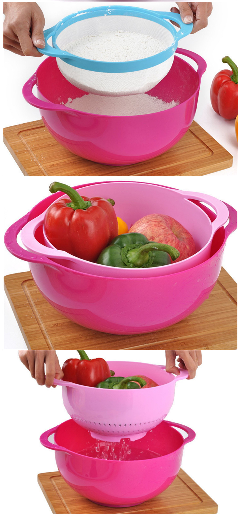 V888-ELOSUNG17498-216681-06 Blue 8-Piece Baking Tool Set – Measuring Cups, Spoons, Rainbow Mixing Bowls, Vegetable Washing Basket, and Flour Sifter - Image 5