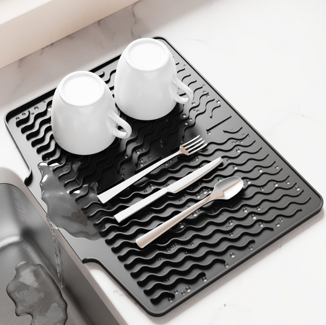 V888-ELOSUNG17623-216627-01 Grey Silicone Dish Drying Mat, Non-Slip Draining Pad for Sink, Heat-Resistant and Water-Absorbent, Ideal for Dishes, Cups, and Utensils - Image 2