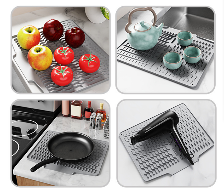 V888-ELOSUNG17623-216627-03 Grey Silicone Dish Drying Mat, Non-Slip Draining Pad for Sink, Heat-Resistant and Water-Absorbent, Ideal for Dishes, Cups, and Utensils - Image 4