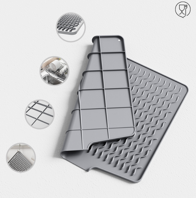 V888-ELOSUNG17624-216628-02 Black Silicone Dish Drying Mat, Non-Slip Draining Pad for Sink, Heat-Resistant and Water-Absorbent, Ideal for Dishes, Cups, and Utensils - Image 3