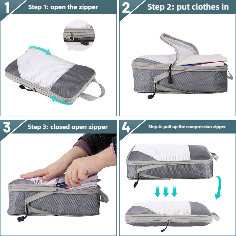 V888-ELOSUNG17647-216874-03 4-piece Set Pink Compression Travel Storage Bags Set, Mesh Travel Organizers for Luggage, Foldable and Space-Saving Packing Cubes - Image 4