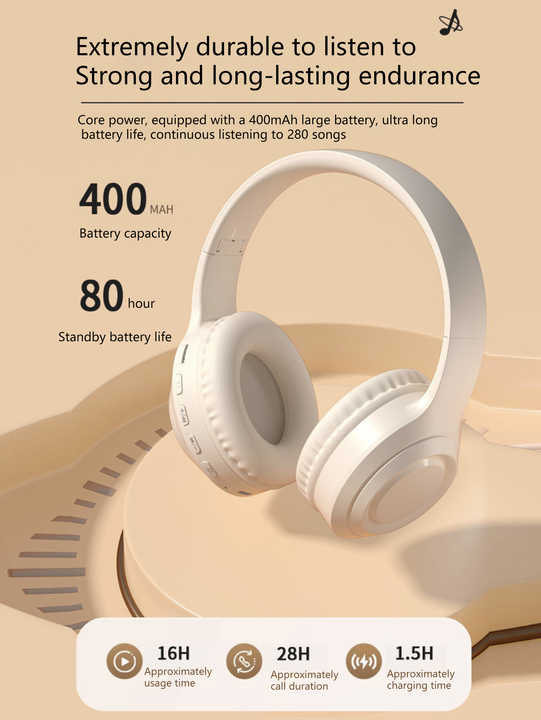 V888-ELOSUNG17725-222274-01 Off White and Orange Wireless Headphones - 400mAh, 16H Playtime, SD Card & Aux Support - Image 2