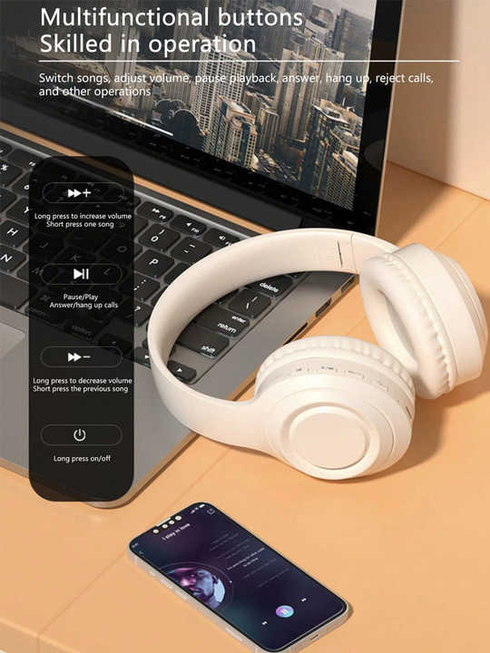 V888-ELOSUNG17725-222274-02 Off White and Orange Wireless Headphones - 400mAh, 16H Playtime, SD Card & Aux Support - Image 3