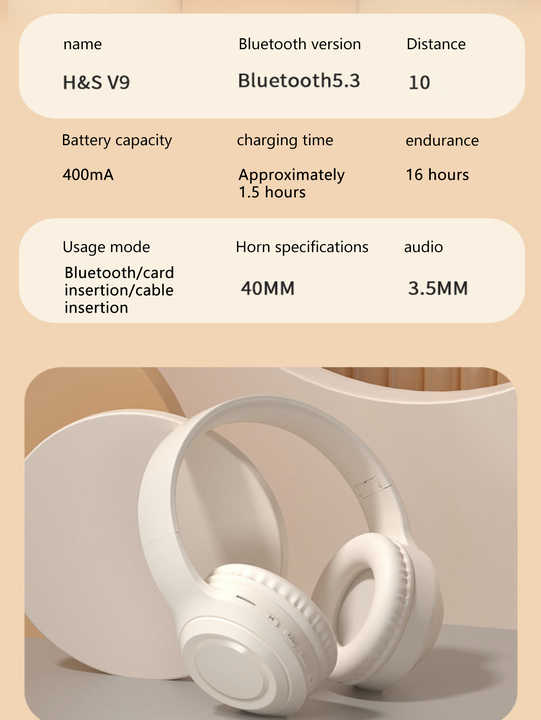 V888-ELOSUNG17725-222274-05 Off White and Orange Wireless Headphones - 400mAh, 16H Playtime, SD Card & Aux Support - Image 6