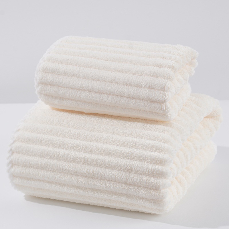 V888-ELOSUNG17789-223330-00 White Soft Candy Stripe Coral Fleece Bath Towel and Washcloth Set, Ultra Absorbent, Skin-Friendly - Image 1