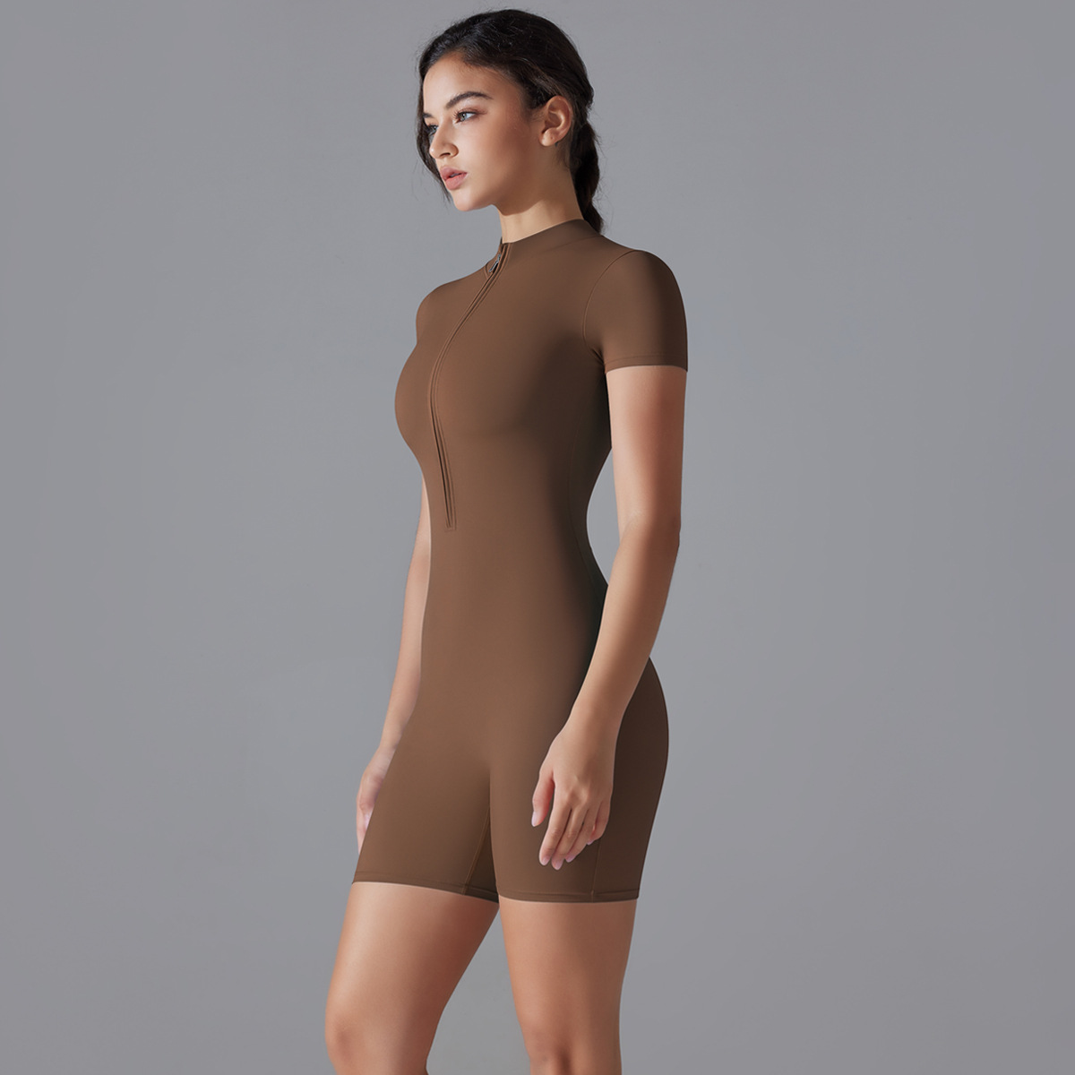 V888-ELOSUNG17877-224670-03 Brown Size L Women's Summer Zip-Up Bodysuit - Short Sleeve, High Stretch Yoga & Dance Outfit, Breathable Fitness Wear - Image 4