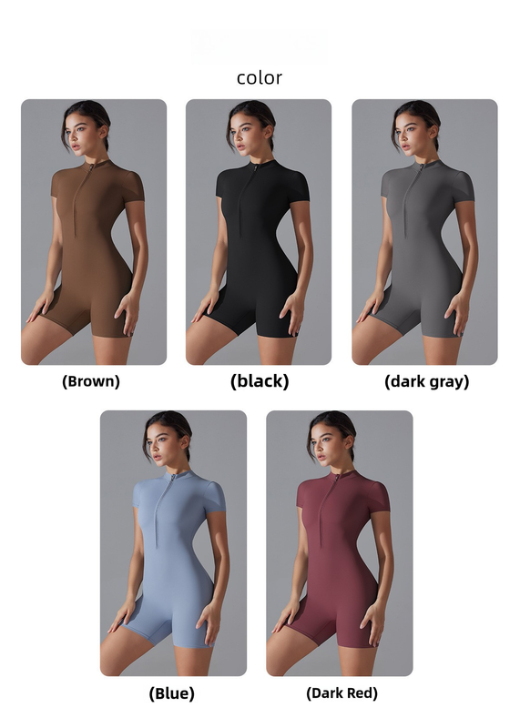 V888-ELOSUNG17877-224670-05 Brown Size L Women's Summer Zip-Up Bodysuit - Short Sleeve, High Stretch Yoga & Dance Outfit, Breathable Fitness Wear - Image 6