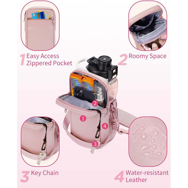 V888-ELOSUNG18202-202504281527-02 Beige Stylish Water Bottle Carrier Bag with Phone Pocket, Key Clip & Adjustable Strap - Crossbody Sling Holder - Image 3