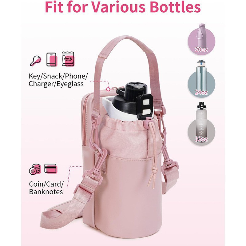 V888-ELOSUNG18202-202504281527-04 Beige Stylish Water Bottle Carrier Bag with Phone Pocket, Key Clip & Adjustable Strap - Crossbody Sling Holder - Image 5