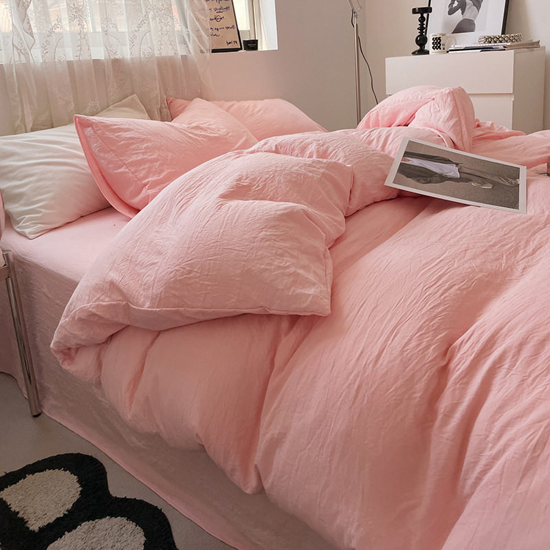 V888-ELOSUNG19102-225861-00 Pink Solid Color Solid Color Solid Color 1.5m Bed Fitted Sheet Set with 200x230cm Duvet Cover - 4-Piece Bedding Set - Image 1